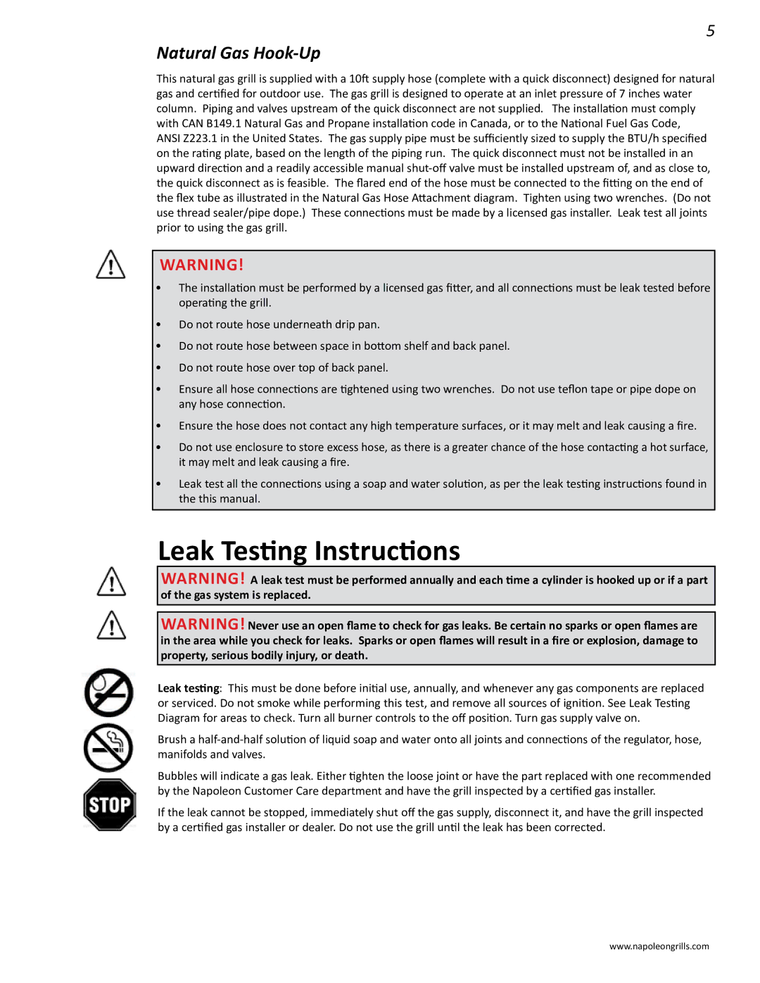 Napoleon Grills LD485RB manual Leak Testing Instructions, Natural Gas Hook-Up 