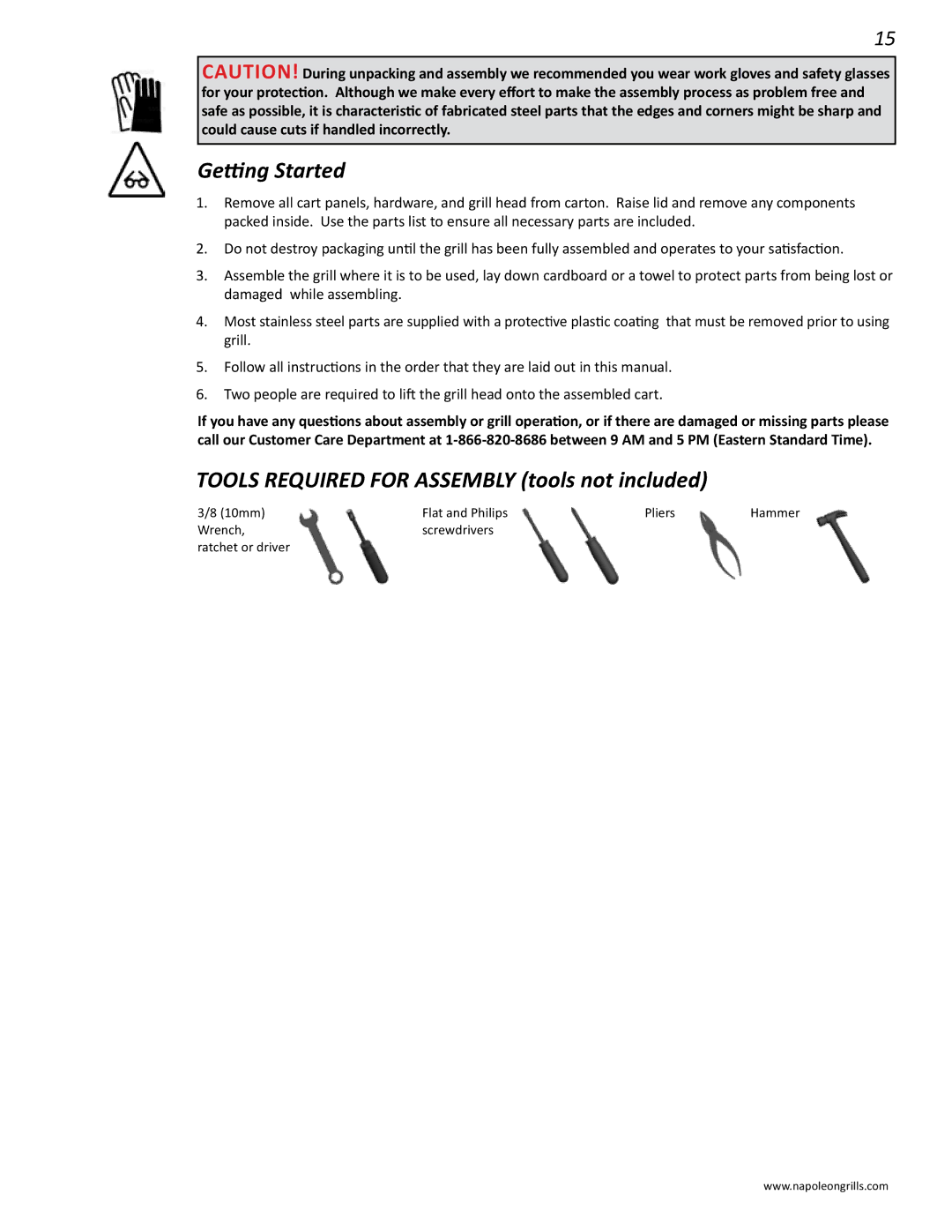 Napoleon Grills LD485RSIB manual Getting Started, Tools Required for Assembly tools not included 