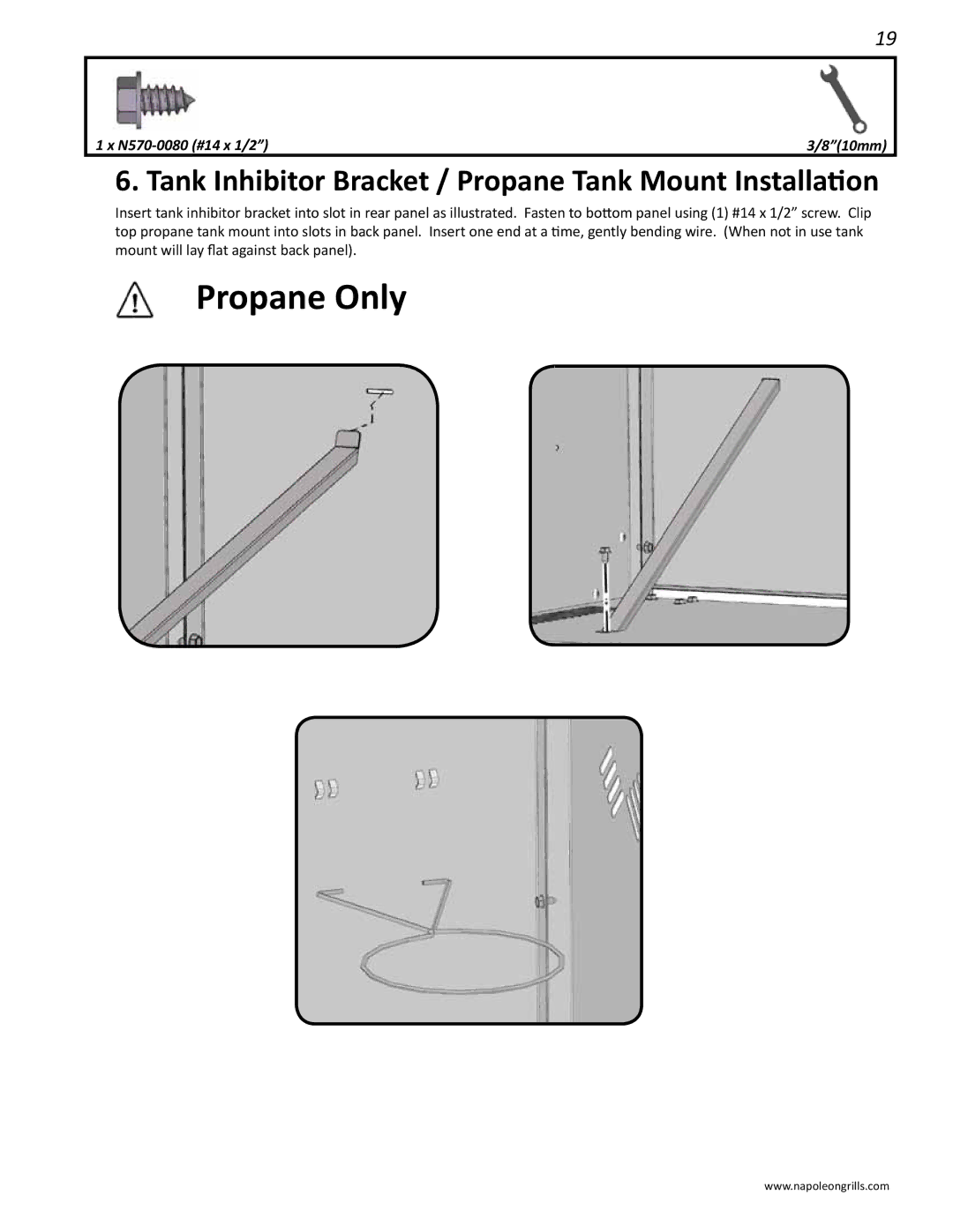 Napoleon Grills LD485RSIB manual Tank Inhibitor Bracket / Propane Tank Mount Installation 