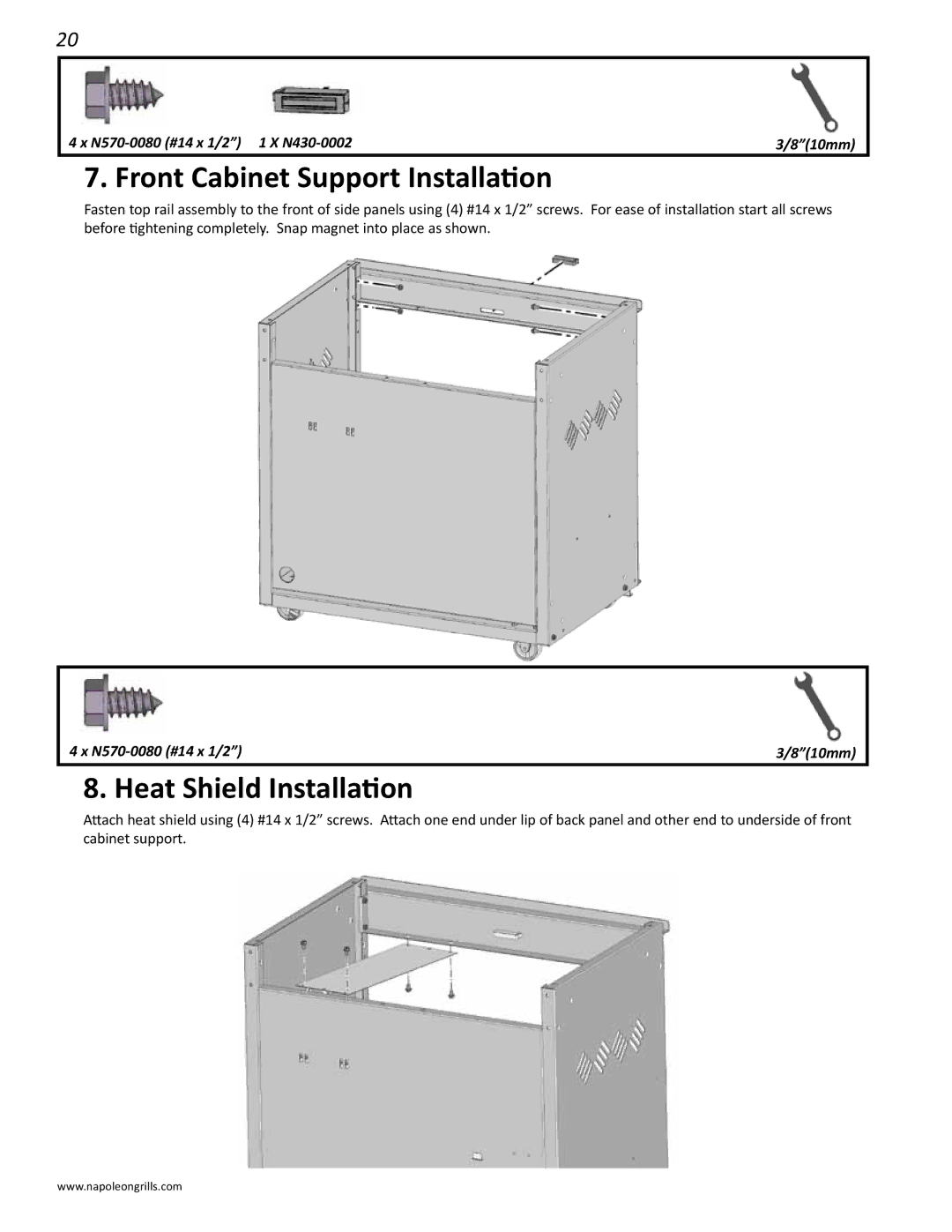 Napoleon Grills LD485RSIB manual Front Cabinet Support Installation, Heat Shield Installation 