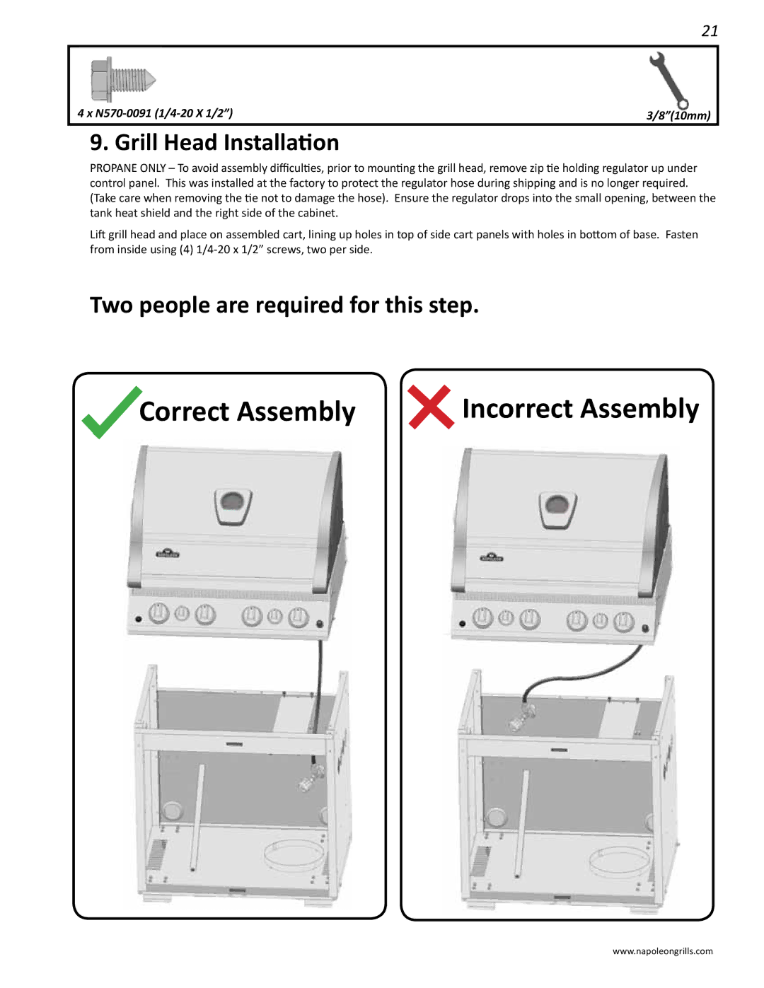 Napoleon Grills LD485RSIB manual Correct Assembly Incorrect Assembly, Grill Head Installation 