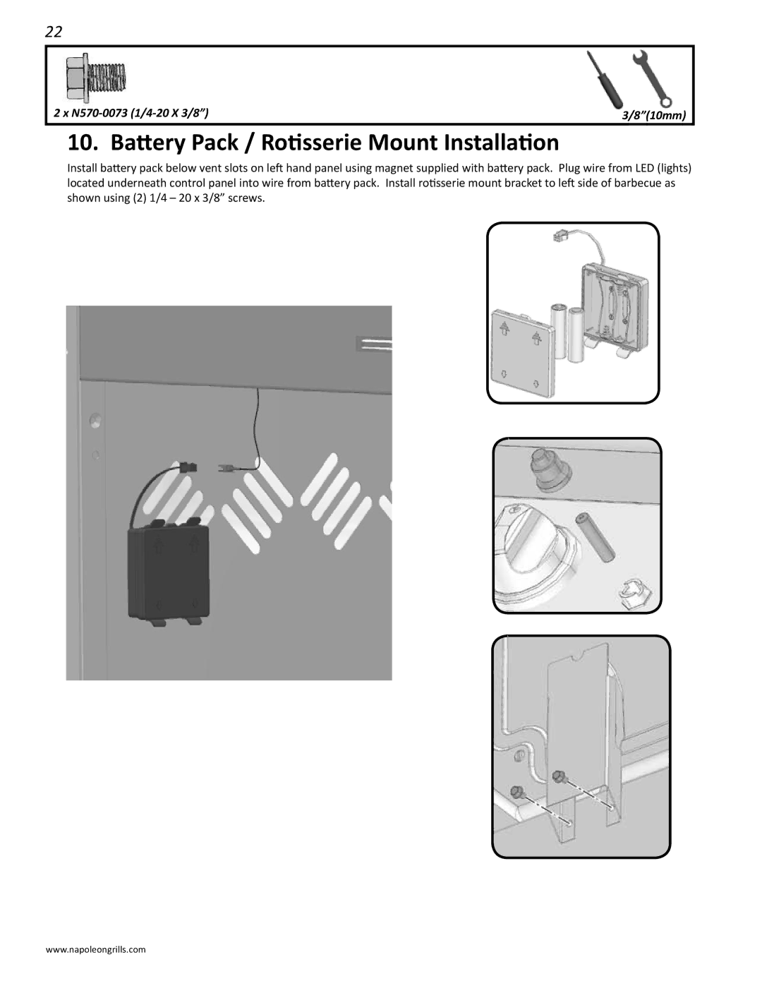 Napoleon Grills LD485RSIB manual Battery Pack / Rotisserie Mount Installation 