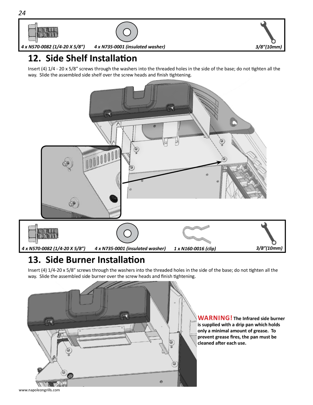 Napoleon Grills LD485RSIB manual Side Shelf Installation, Side Burner Installation 