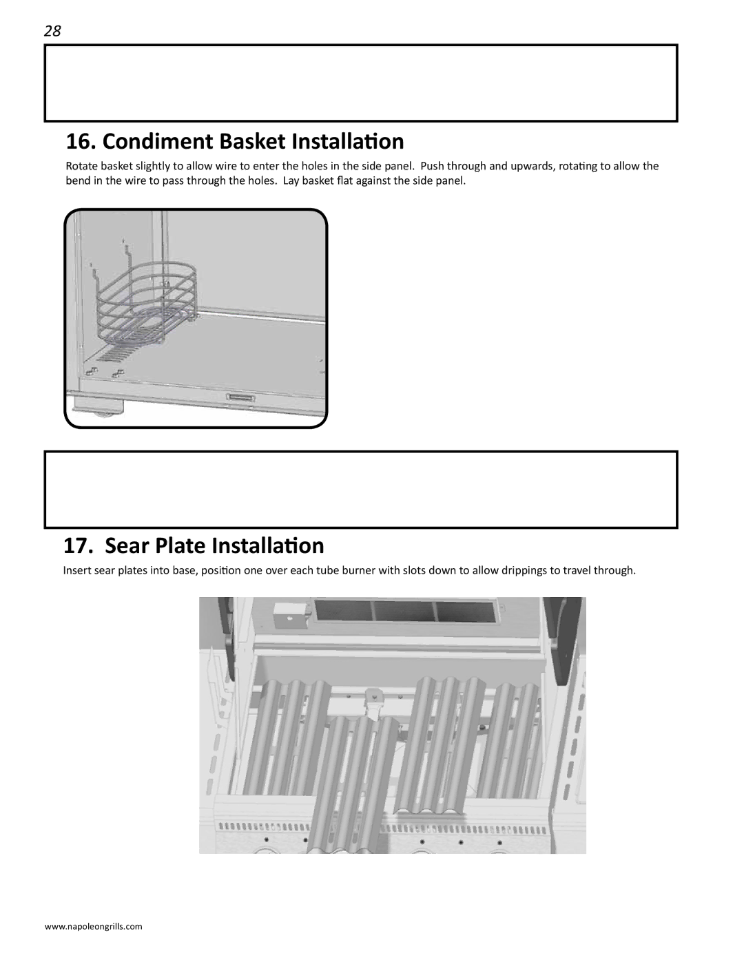 Napoleon Grills LD485RSIB manual Condiment Basket Installation, Sear Plate Installation 