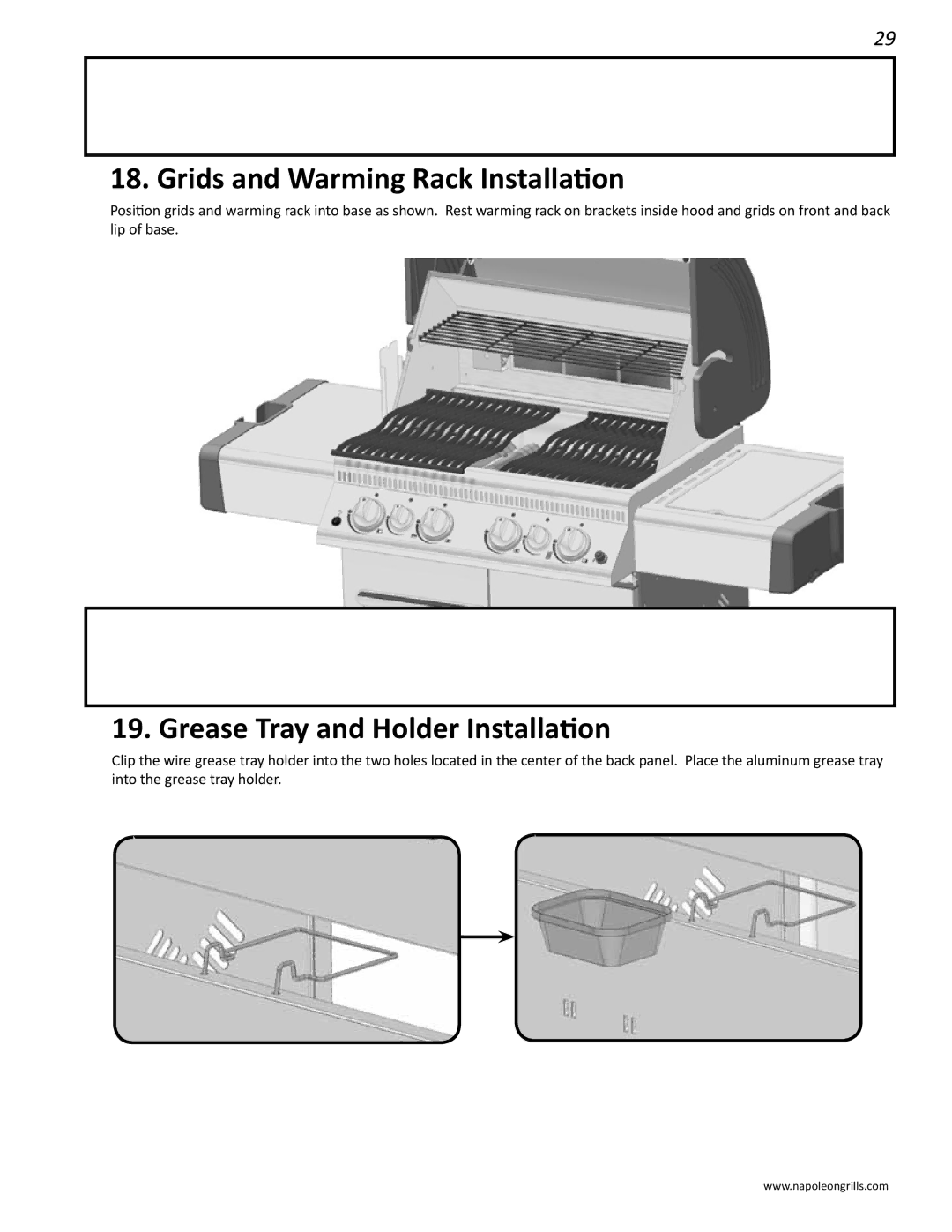 Napoleon Grills LD485RSIB manual Grids and Warming Rack Installation, Grease Tray and Holder Installation 