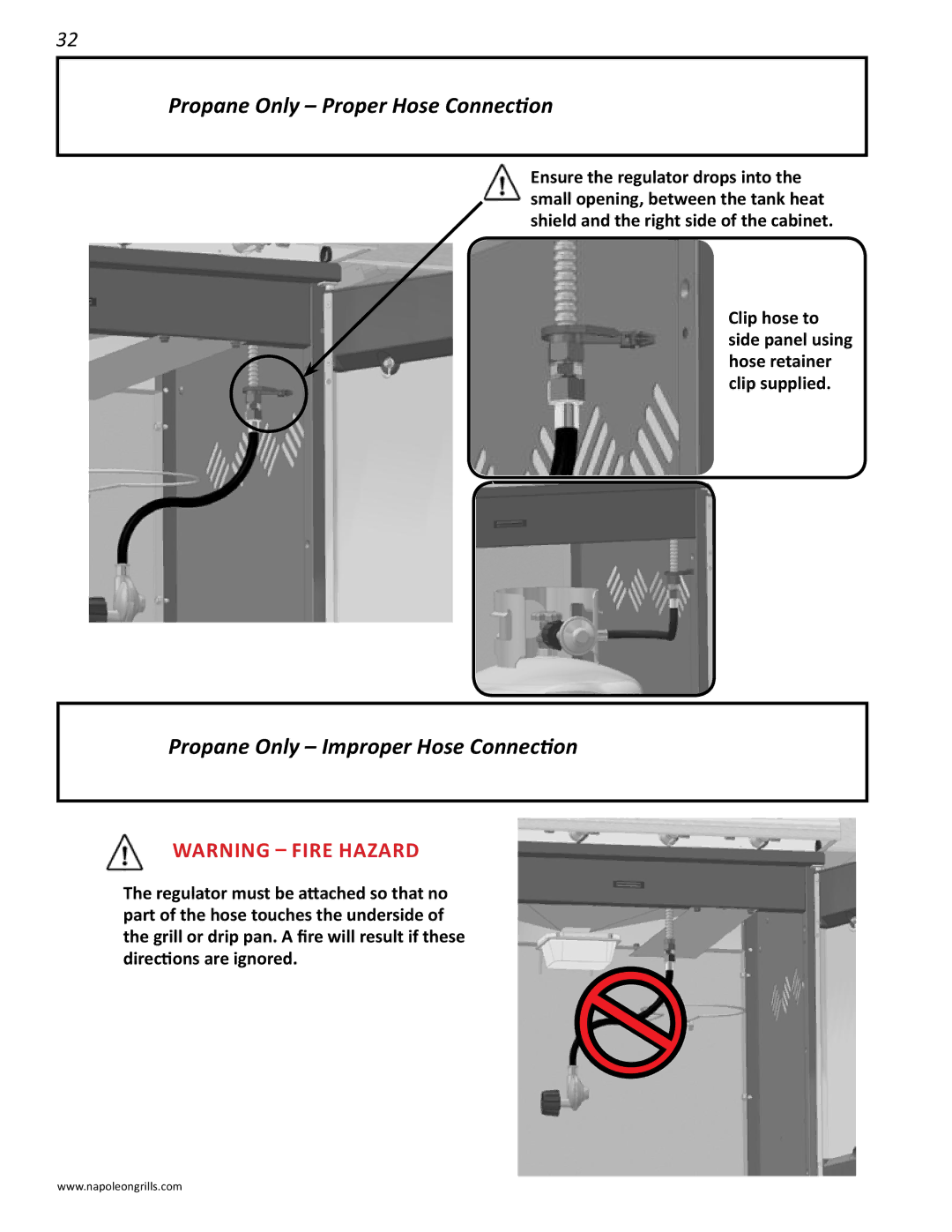 Napoleon Grills LD485RSIB manual Propane Only Proper Hose Connection, Propane Only Improper Hose Connection 