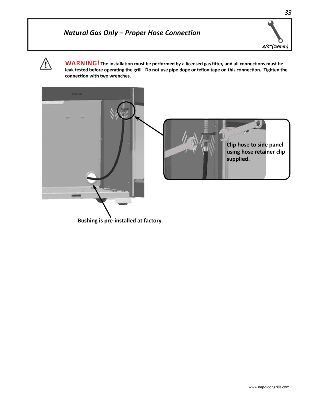 Napoleon Grills LD485RSIB manual Natural Gas Only Proper Hose Connection 