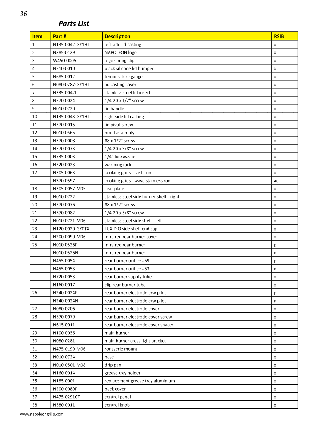 Napoleon Grills LD485RSIB manual Parts List, Description 