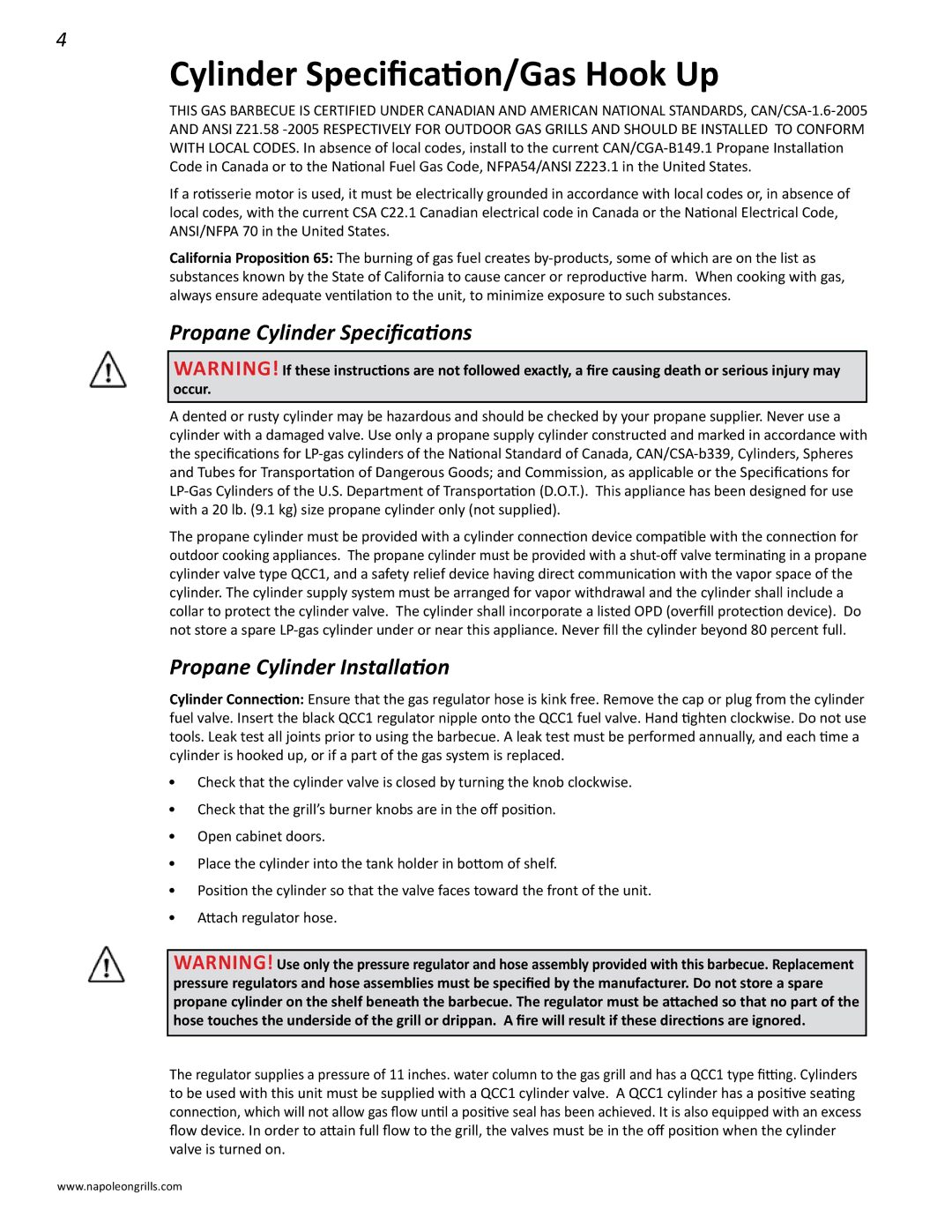 Napoleon Grills LD485RSIB manual Cylinder Specification/Gas Hook Up, Propane Cylinder Specifications 