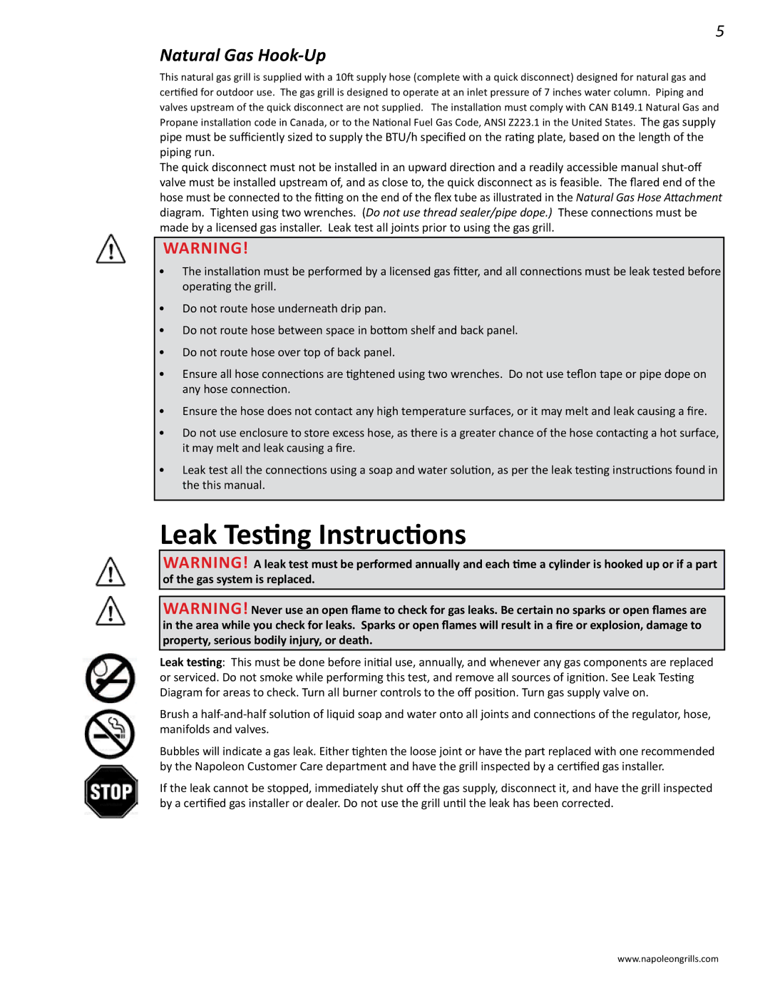 Napoleon Grills LD485RSIB manual Leak Testing Instructions, Natural Gas Hook-Up 