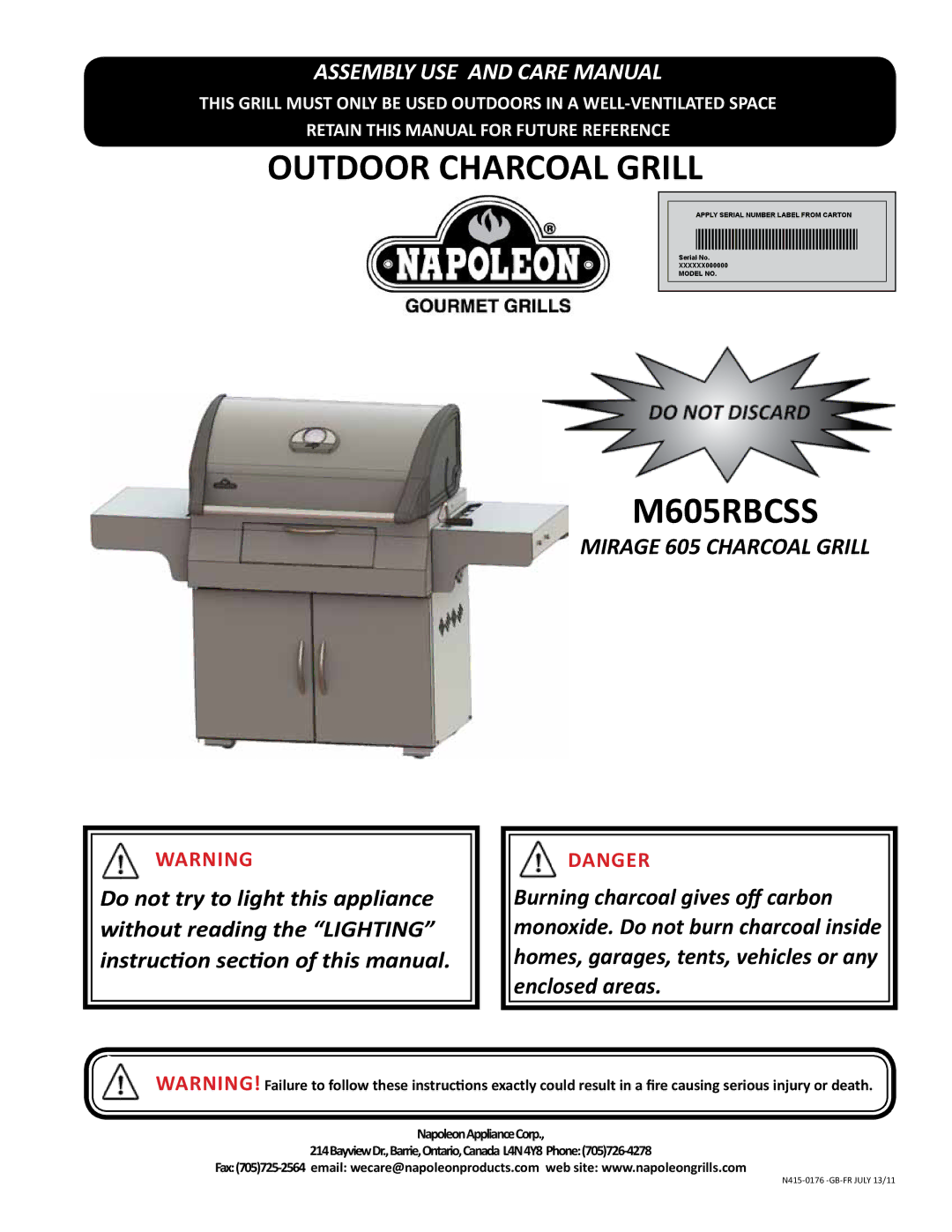 Napoleon Grills M605RBCSS manual Outdoor Charcoal Grill 