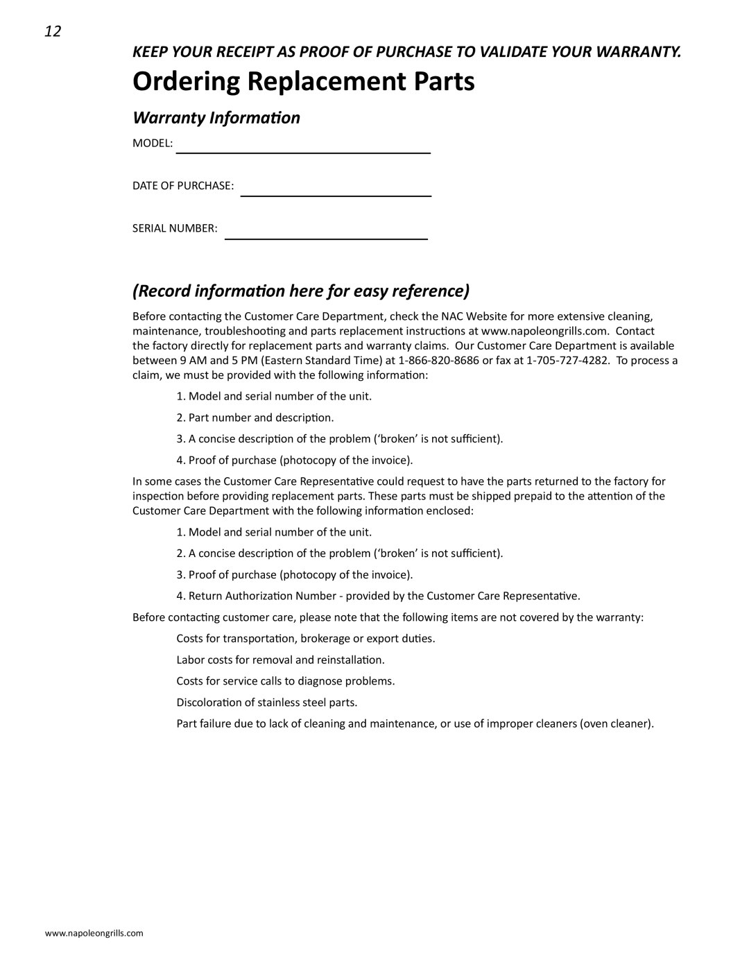 Napoleon Grills M605RBCSS Ordering Replacement Parts, Warranty Information, Record information here for easy reference 