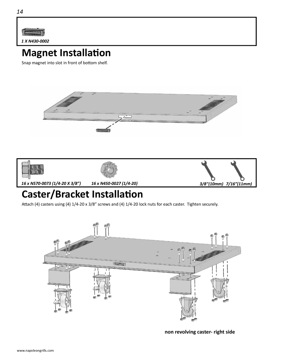 Napoleon Grills M605RBCSS manual Magnet Installation, Caster/Bracket Installation 