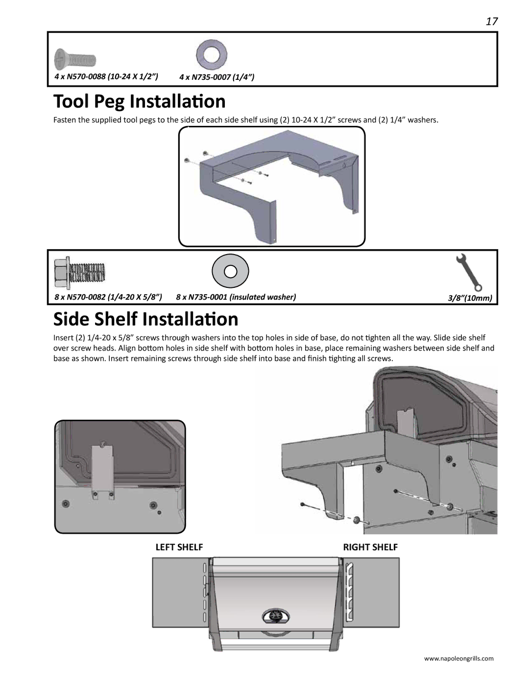 Napoleon Grills M605RBCSS manual Tool Peg Installation, Side Shelf Installation 