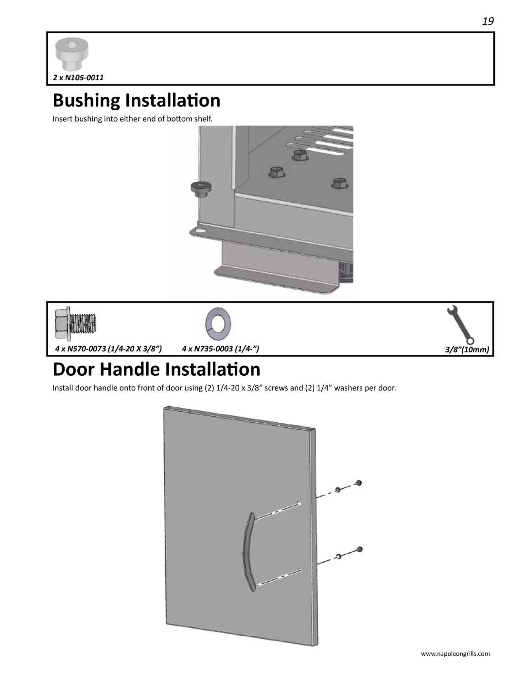 Napoleon Grills M605RBCSS manual Bushing Installation, Door Handle Installation 