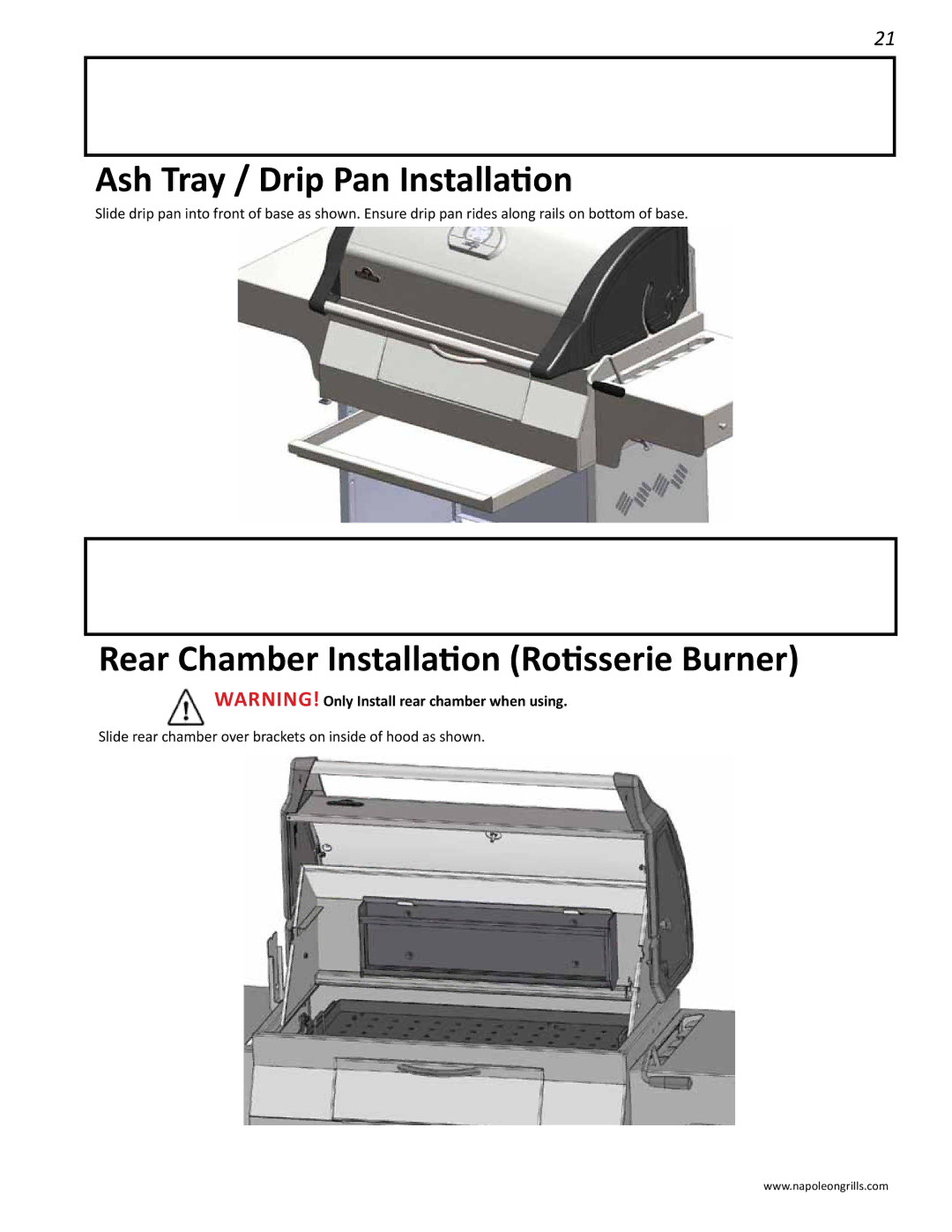 Napoleon Grills M605RBCSS manual Ash Tray / Drip Pan Installation, Rear Chamber Installation Rotisserie Burner 