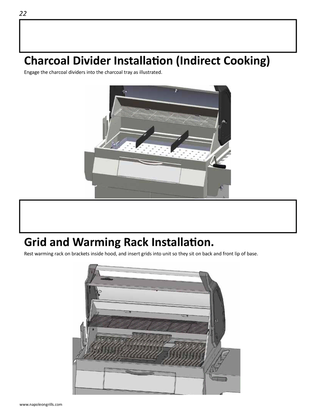 Napoleon Grills M605RBCSS manual Charcoal Divider Installation Indirect Cooking, Grid and Warming Rack Installation 