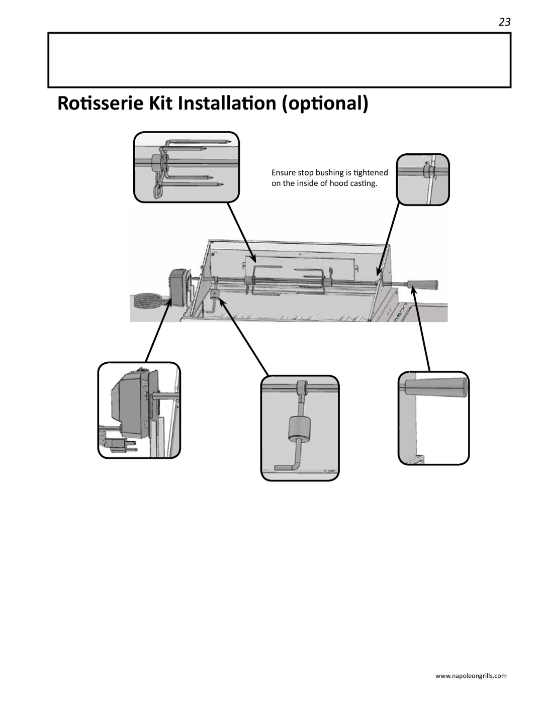 Napoleon Grills M605RBCSS manual Rotisserie Kit Installation optional 