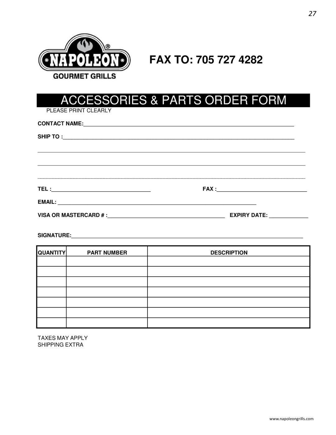 Napoleon Grills M605RBCSS manual Accessories & Parts Order Form 