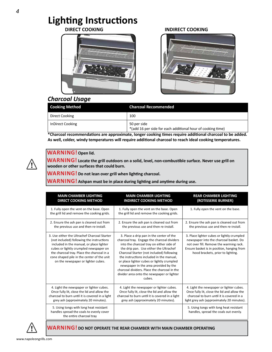 Napoleon Grills M605RBCSS manual Lighting Instructions, Charcoal Usage 