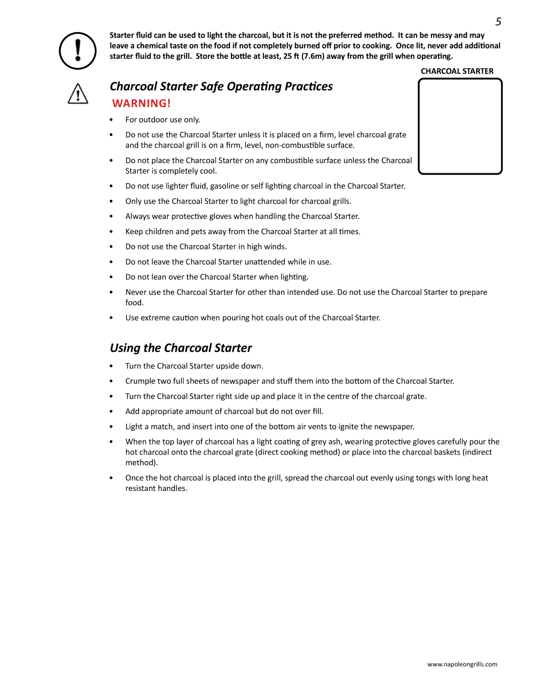 Napoleon Grills M605RBCSS manual Charcoal Starter Safe Operating Practices, Using the Charcoal Starter 