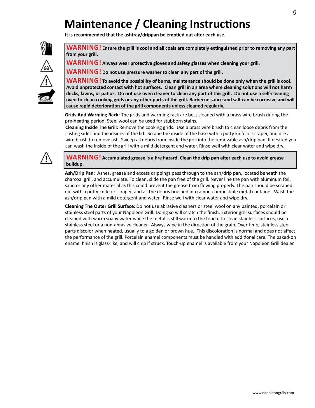 Napoleon Grills M605RBCSS manual Maintenance / Cleaning Instructions 