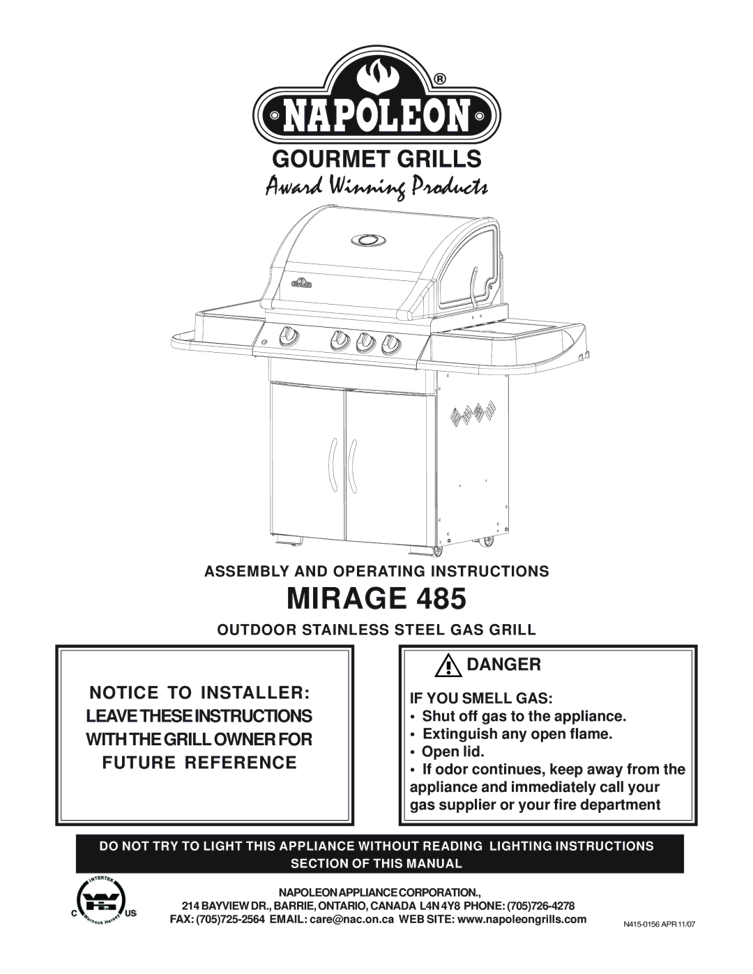 Napoleon Grills MIRAGE 485 operating instructions Mirage 