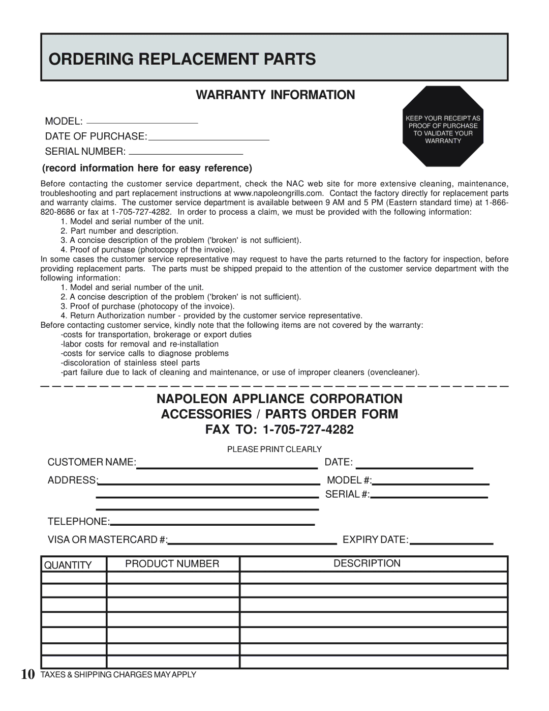 Napoleon Grills MIRAGE 485 operating instructions Ordering Replacement Parts, Warranty Information 