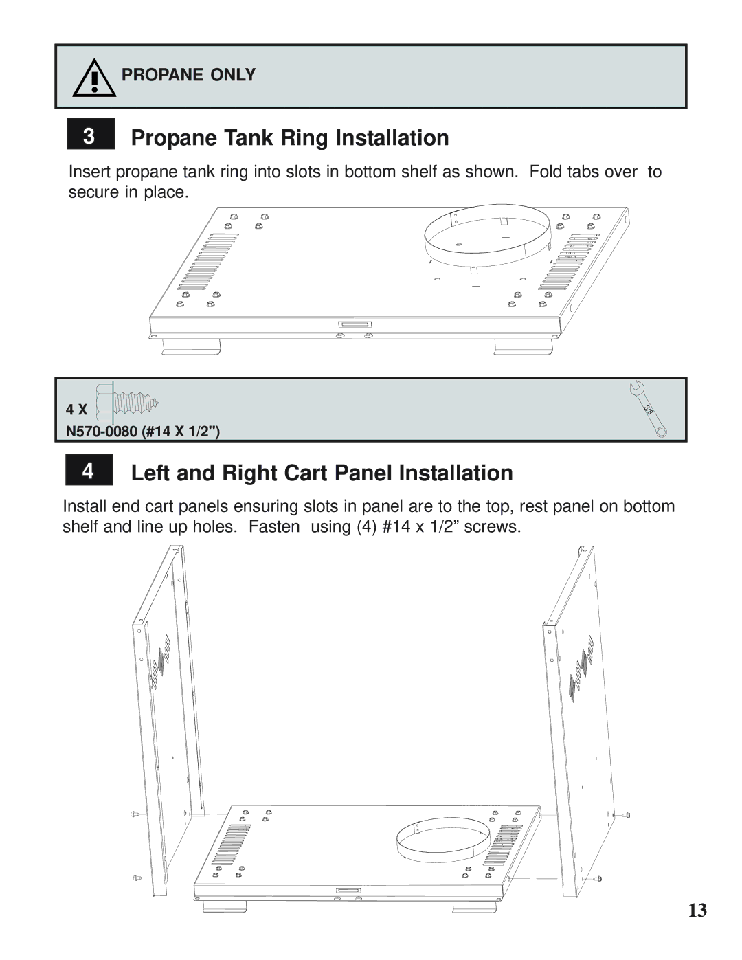 Napoleon Grills MIRAGE 485 operating instructions Propane Tank Ring Installation, Left and Right Cart Panel Installation 