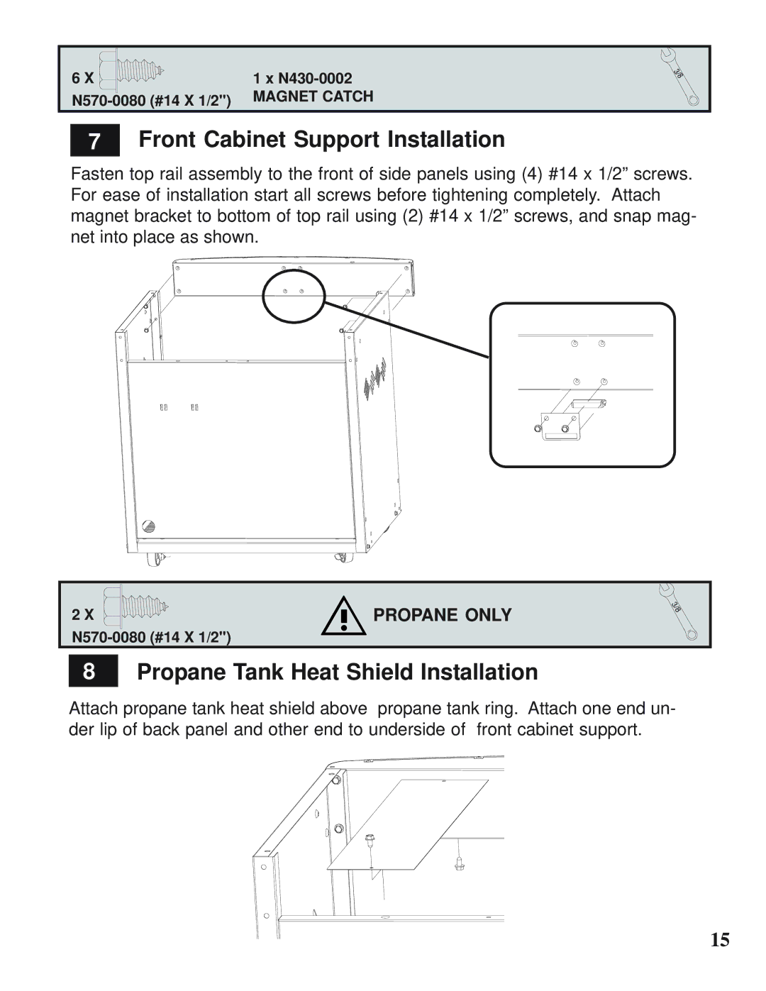 Napoleon Grills MIRAGE 485 operating instructions Front Cabinet Support Installation, Propane Tank Heat Shield Installation 