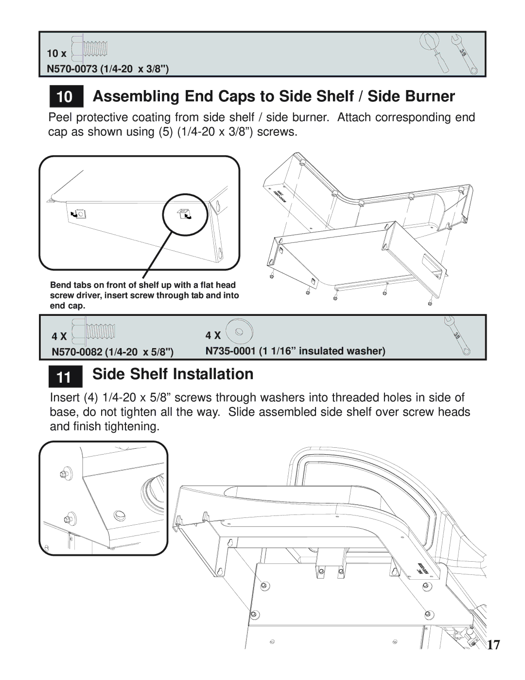 Napoleon Grills MIRAGE 485 operating instructions Assembling End Caps to Side Shelf / Side Burner, Side Shelf Installation 