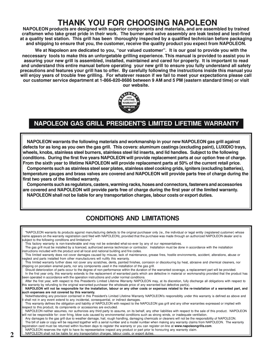 Napoleon Grills MIRAGE 485 operating instructions Thank YOU for Choosing Napoleon, Conditions and Limitations 