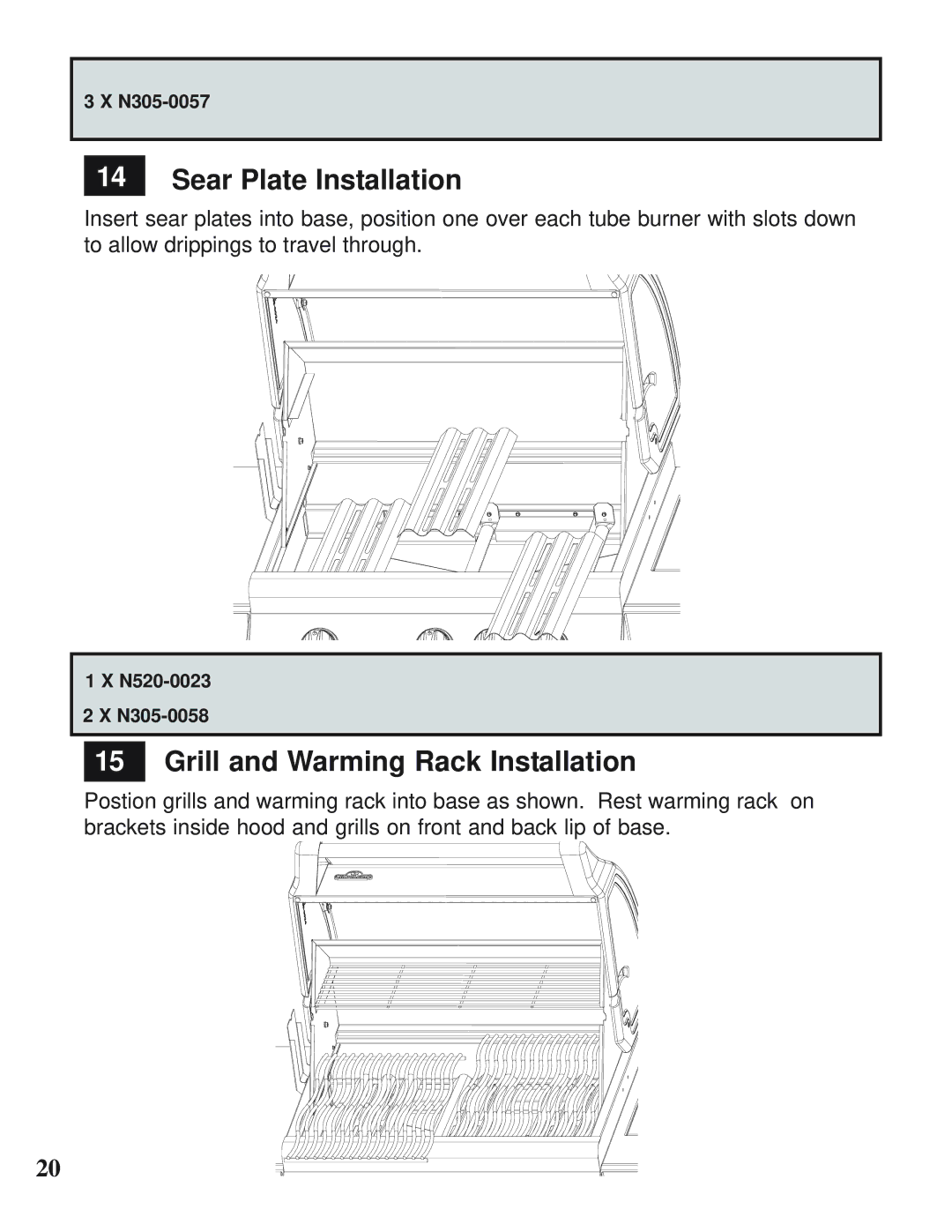 Napoleon Grills MIRAGE 485 operating instructions Sear Plate Installation, Grill and Warming Rack Installation 