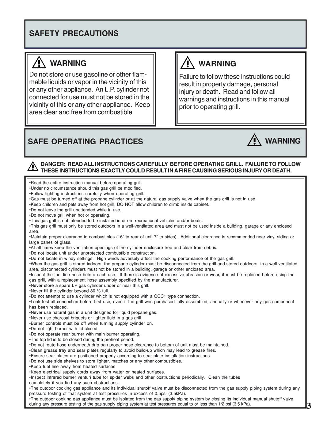 Napoleon Grills MIRAGE 485 operating instructions Safety Precautions, Safe Operating Practices 