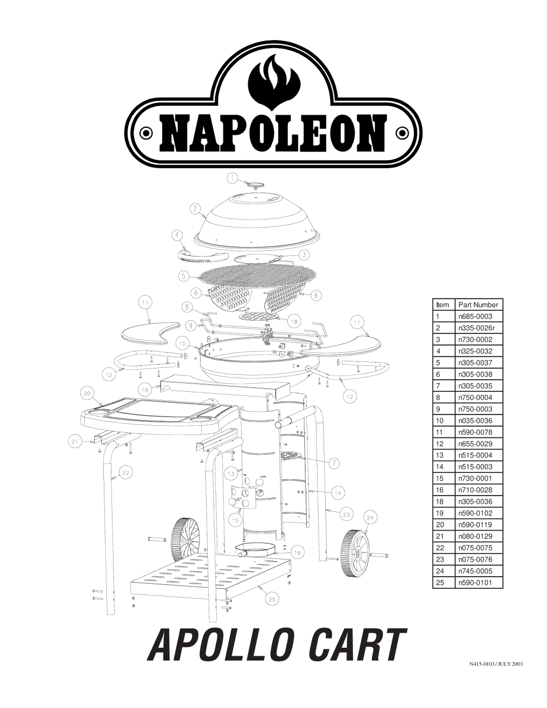 Napoleon Grills N415-0103 manual Apollo Cart 