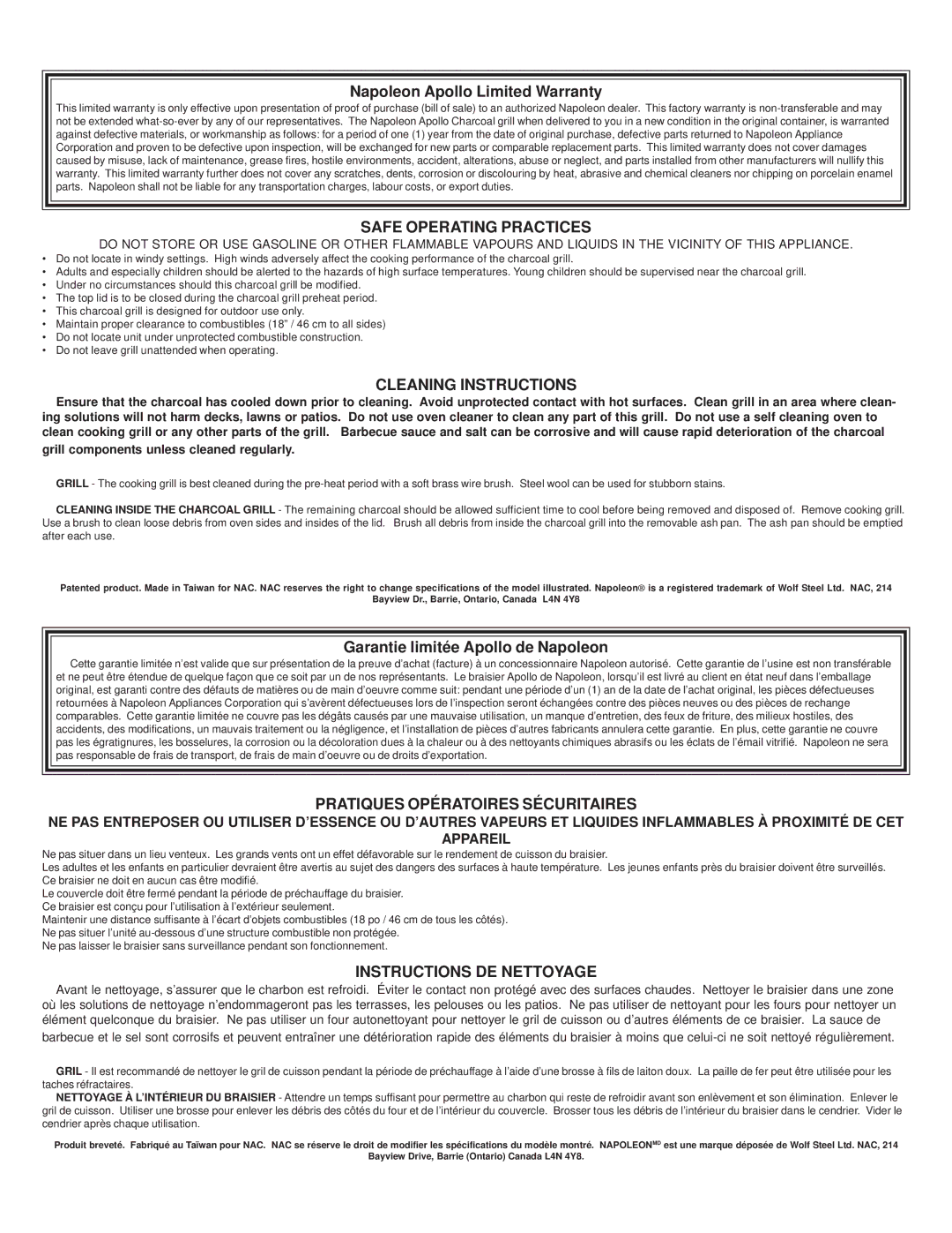 Napoleon Grills N415-0103 manual Safe Operating Practices, Cleaning Instructions, Pratiques Opératoires Sécuritaires 