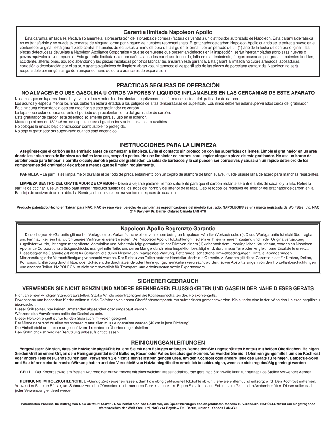 Napoleon Grills N415-0103 manual Practicas Seguras DE Operación, Instrucciones Para LA Limpieza, Sicherer Gebrauch 