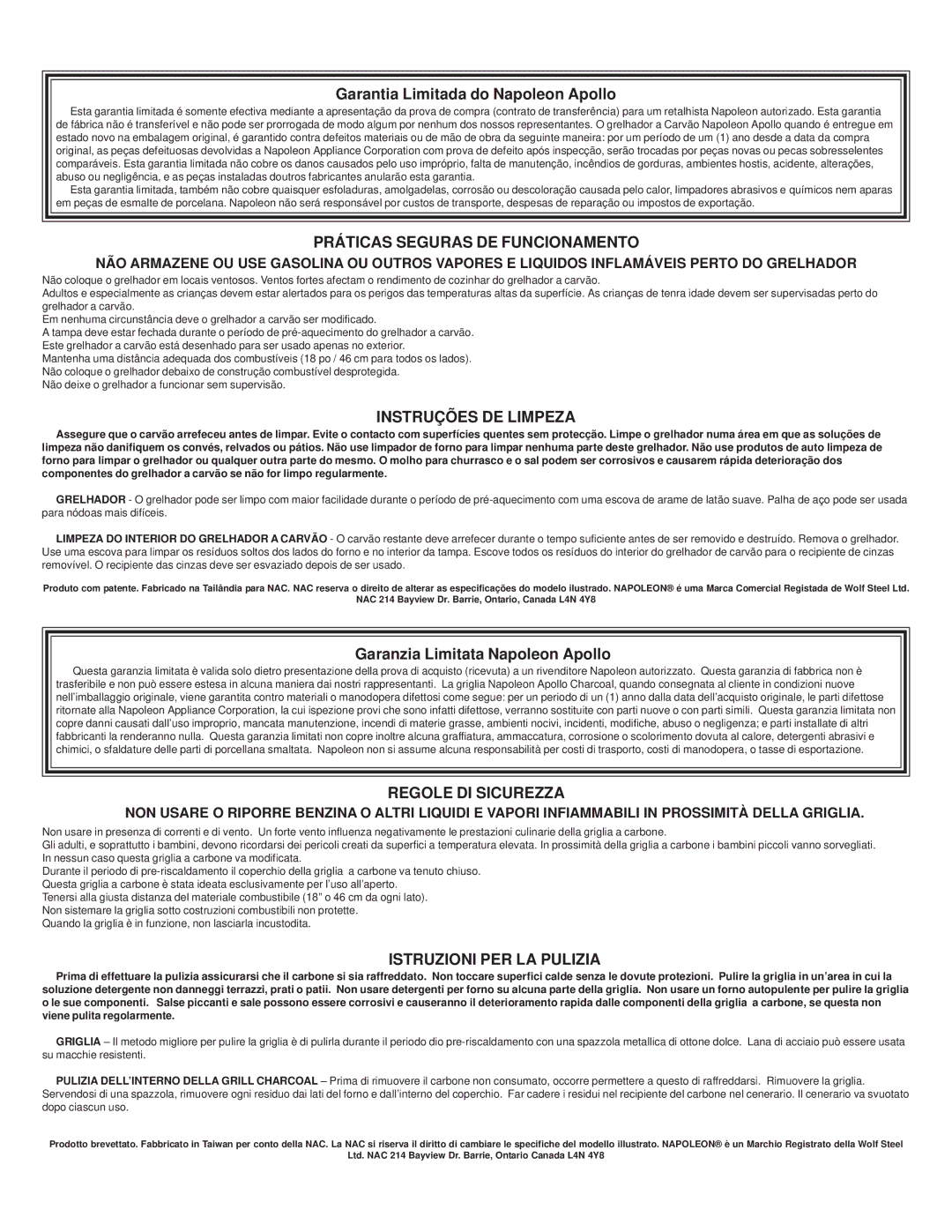 Napoleon Grills N415-0103 manual Práticas Seguras DE Funcionamento, Instruções DE Limpeza, Regole DI Sicurezza 