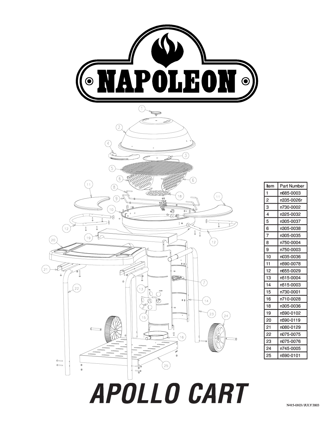 Napoleon Grills N415-0103 manual Apollo Cart 