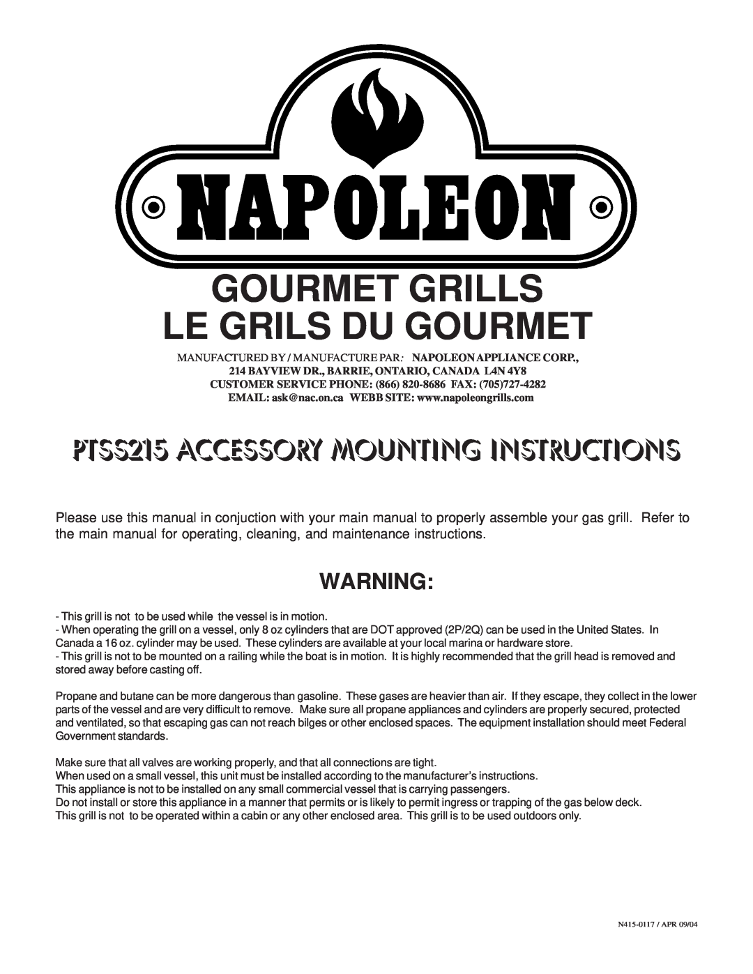 Napoleon Grills N415-0117 manual Gourmet Grills Le Grils Du Gourmet, PTSS215 ACCESSORY MOUNTING INSTRUCTIONS 