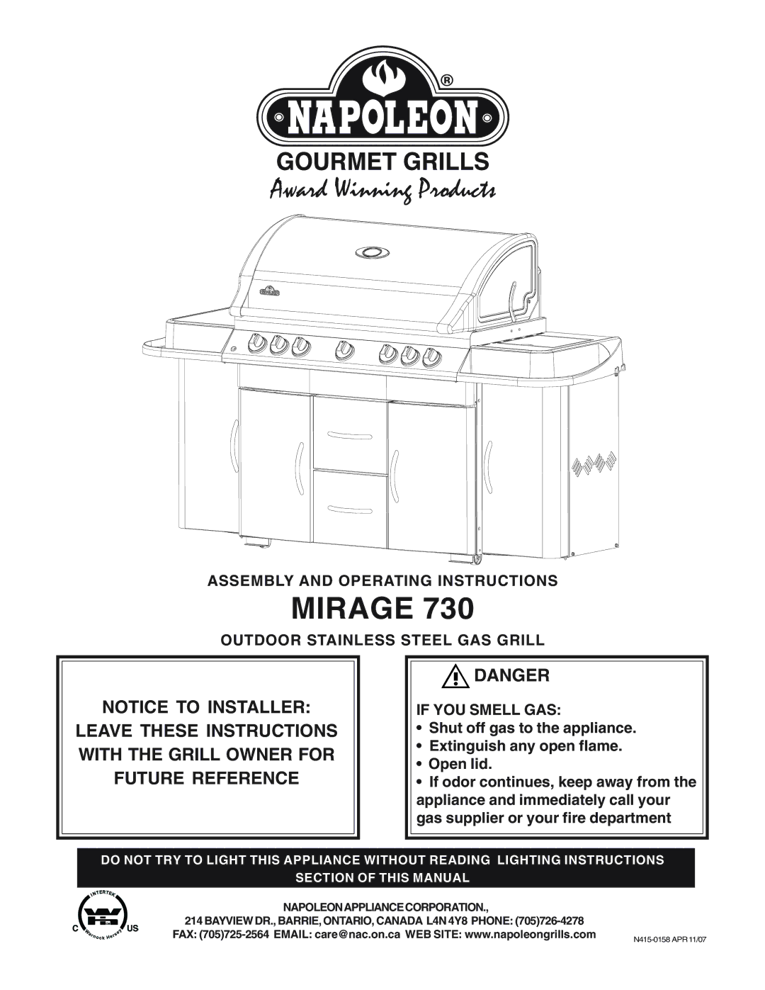 Napoleon Grills N415-0158 operating instructions Mirage 