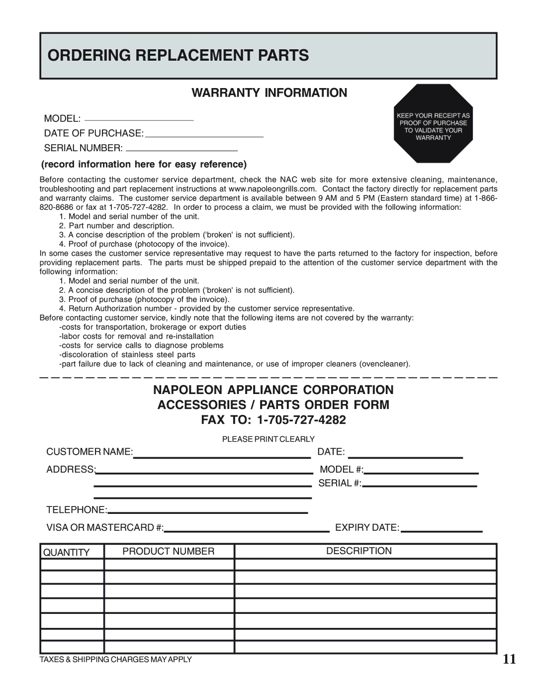 Napoleon Grills N415-0158 operating instructions Ordering Replacement Parts, Warranty Information 