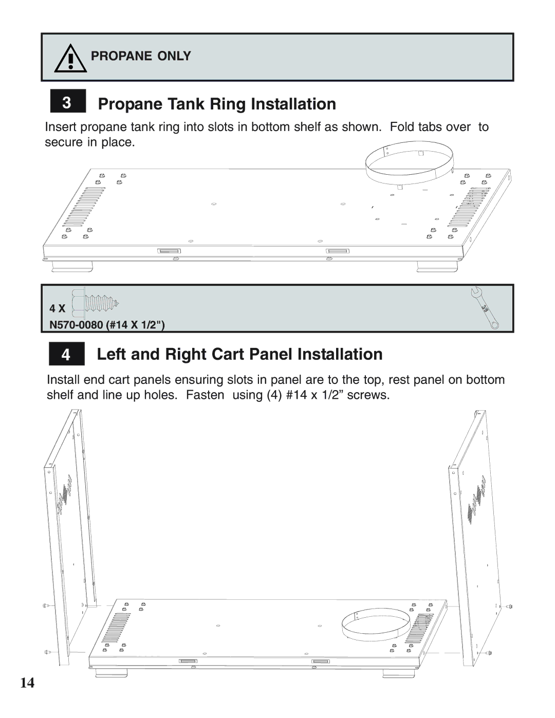 Napoleon Grills N415-0158 operating instructions Propane Tank Ring Installation, Left and Right Cart Panel Installation 