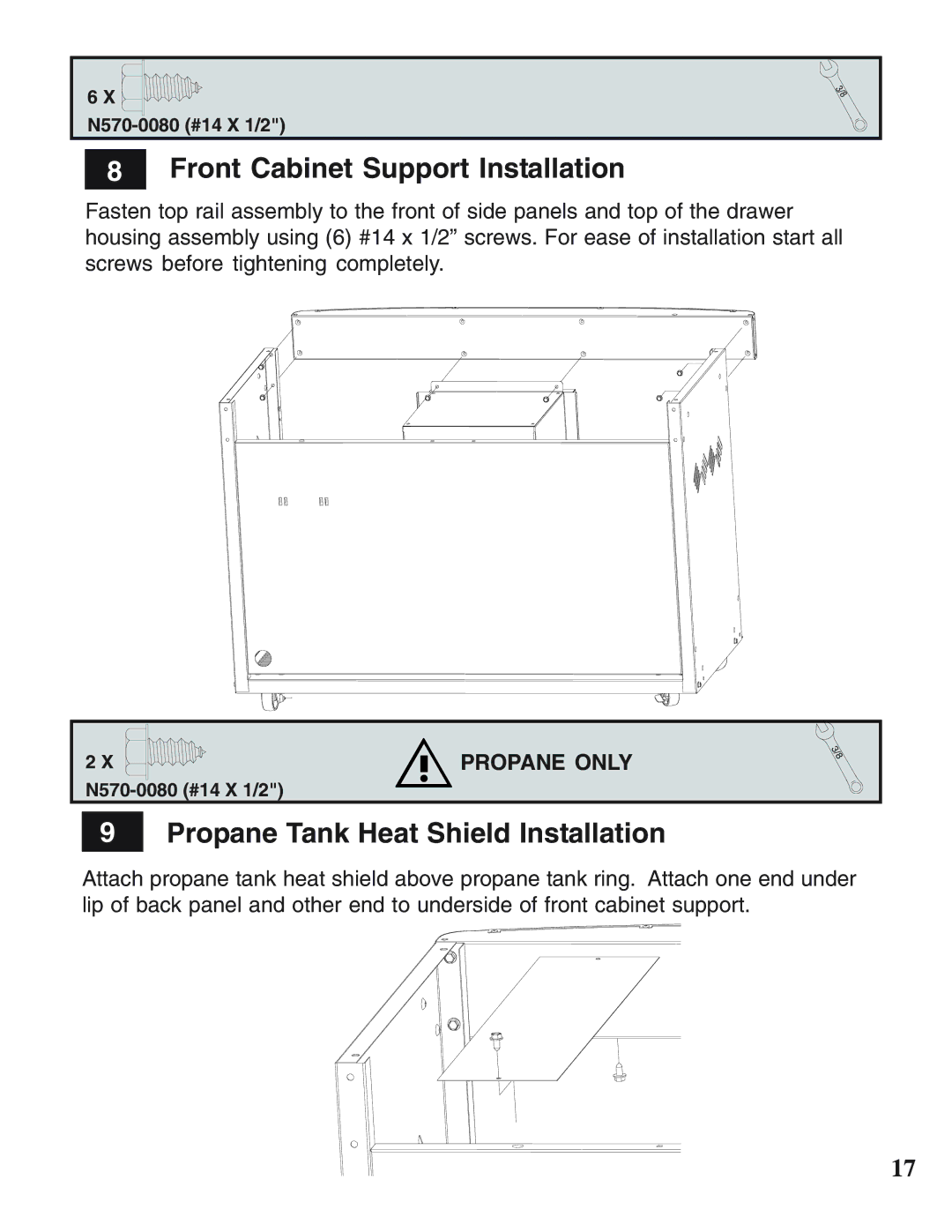 Napoleon Grills N415-0158 operating instructions Front Cabinet Support Installation, Propane Tank Heat Shield Installation 