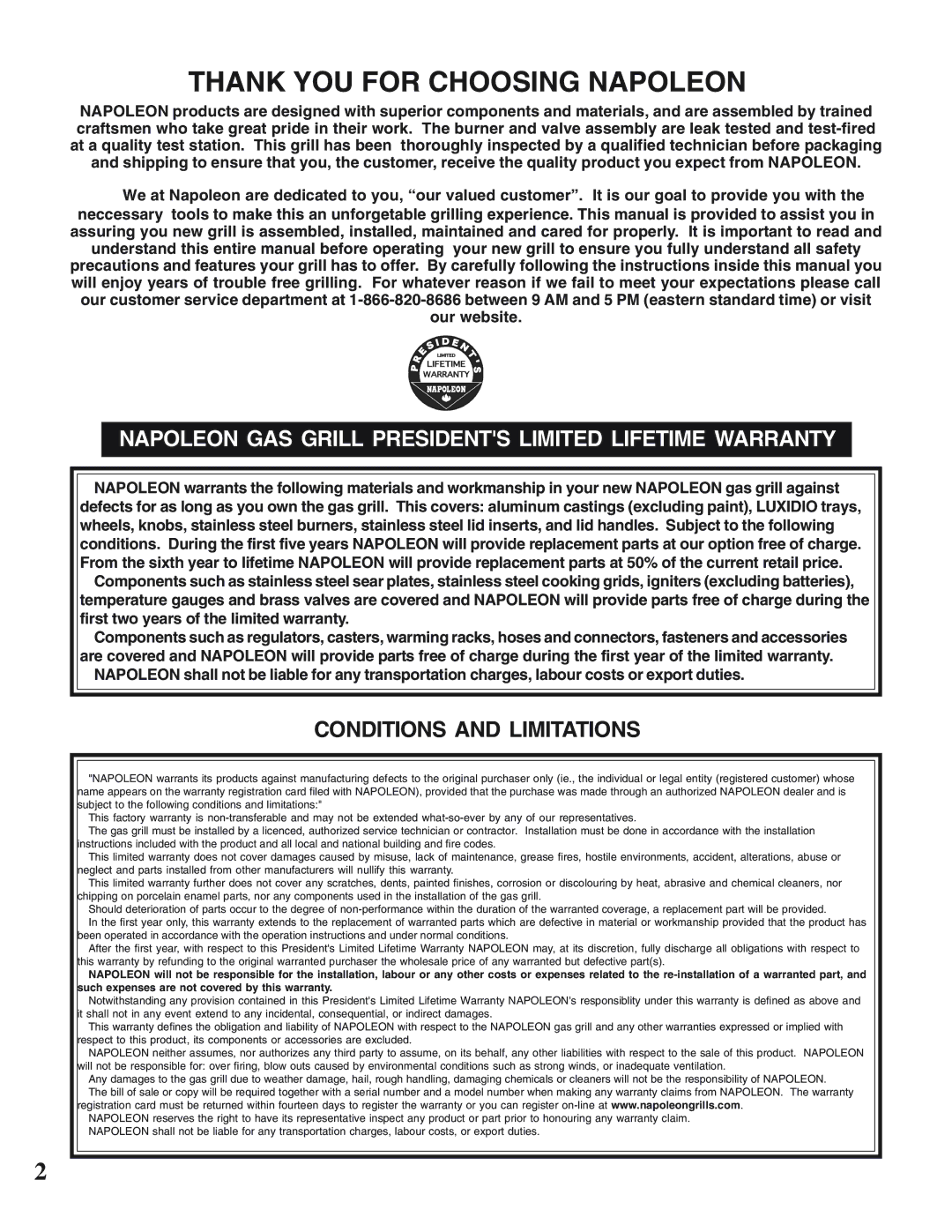 Napoleon Grills N415-0158 operating instructions Thank YOU for Choosing Napoleon, Conditions and Limitations 