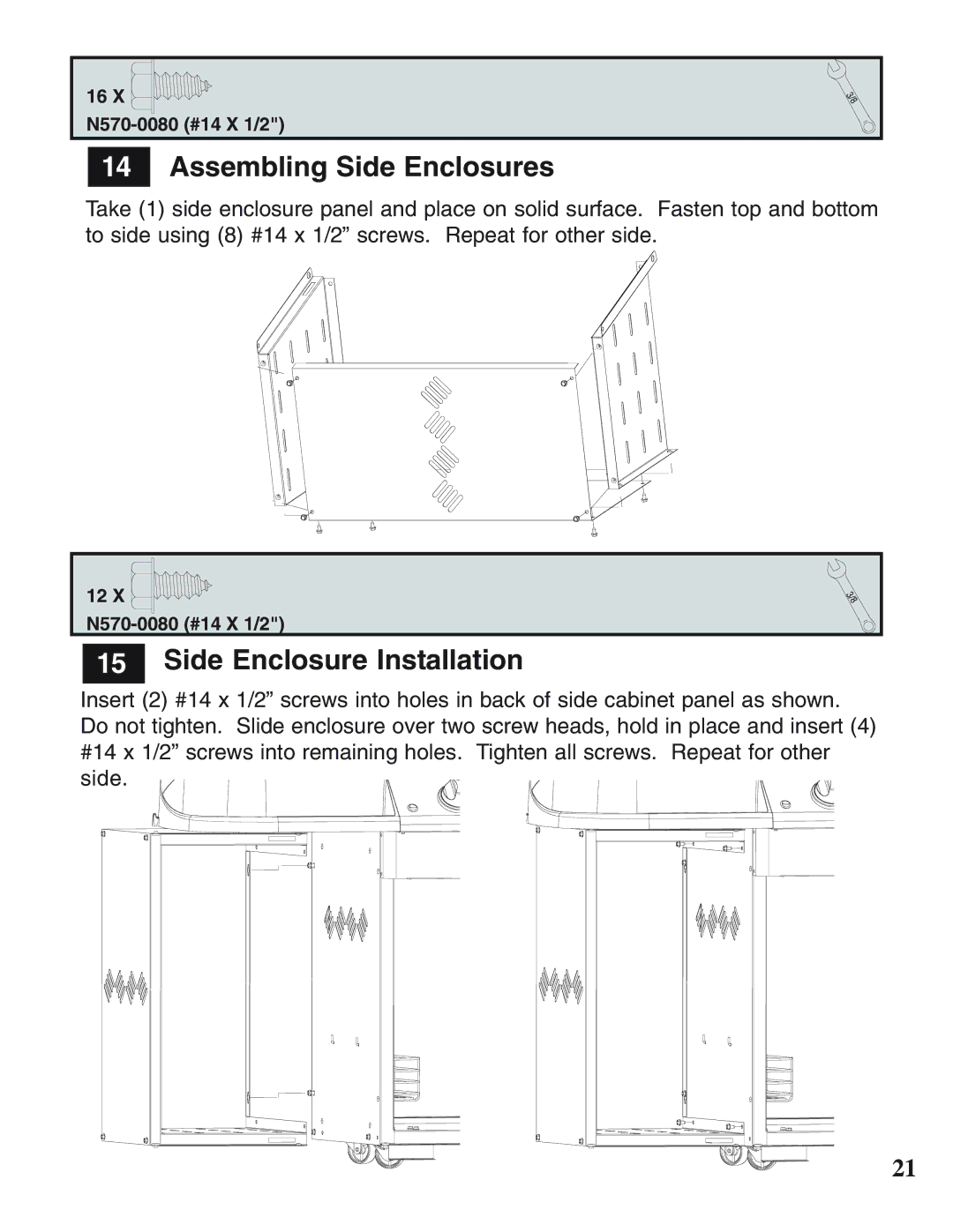 Napoleon Grills N415-0158 operating instructions Assembling Side Enclosures, Side Enclosure Installation 