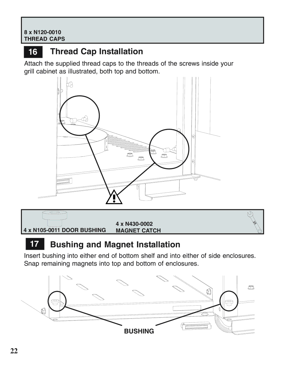 Napoleon Grills N415-0158 operating instructions Thread Cap Installation, Bushing and Magnet Installation 