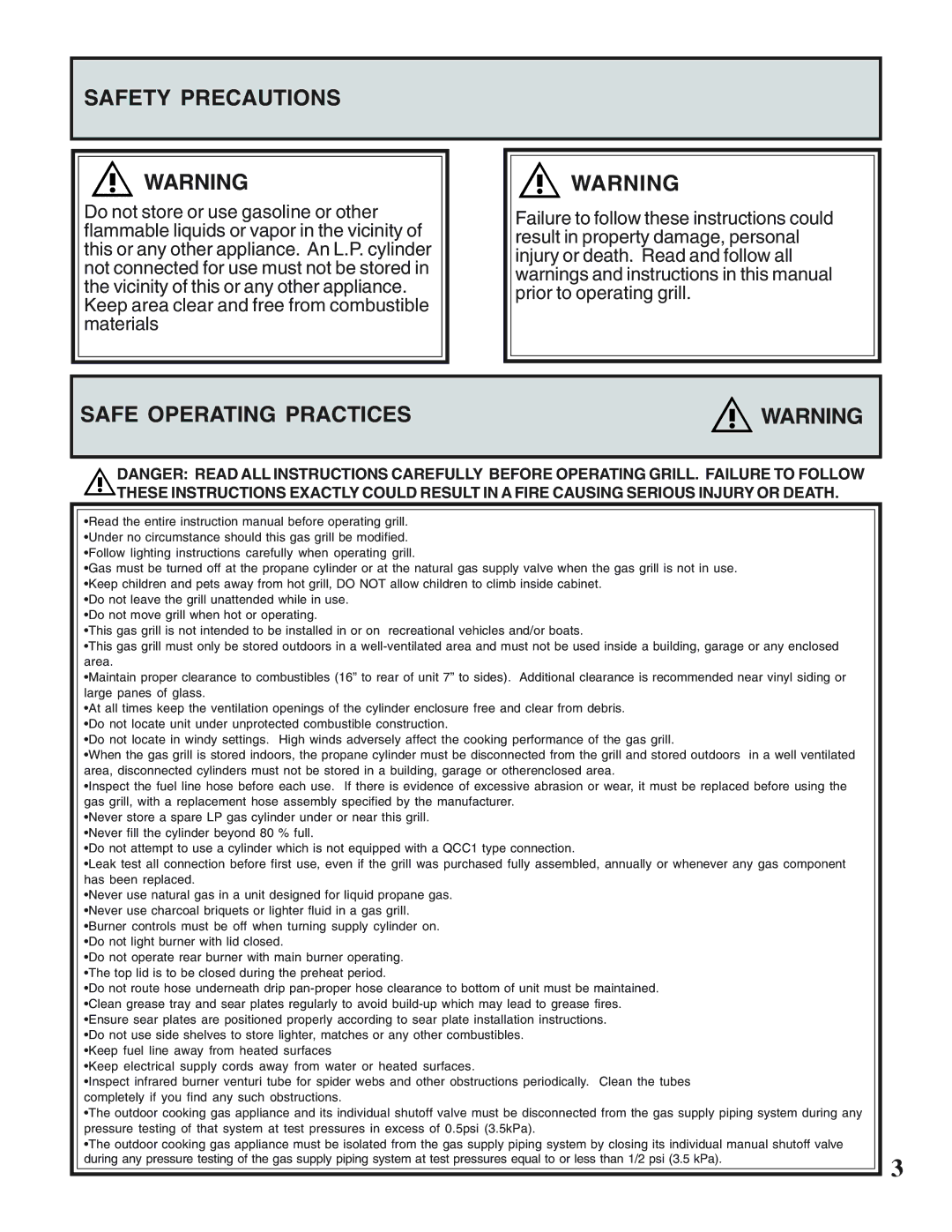 Napoleon Grills N415-0158 operating instructions Safety Precautions, Safe Operating Practices 