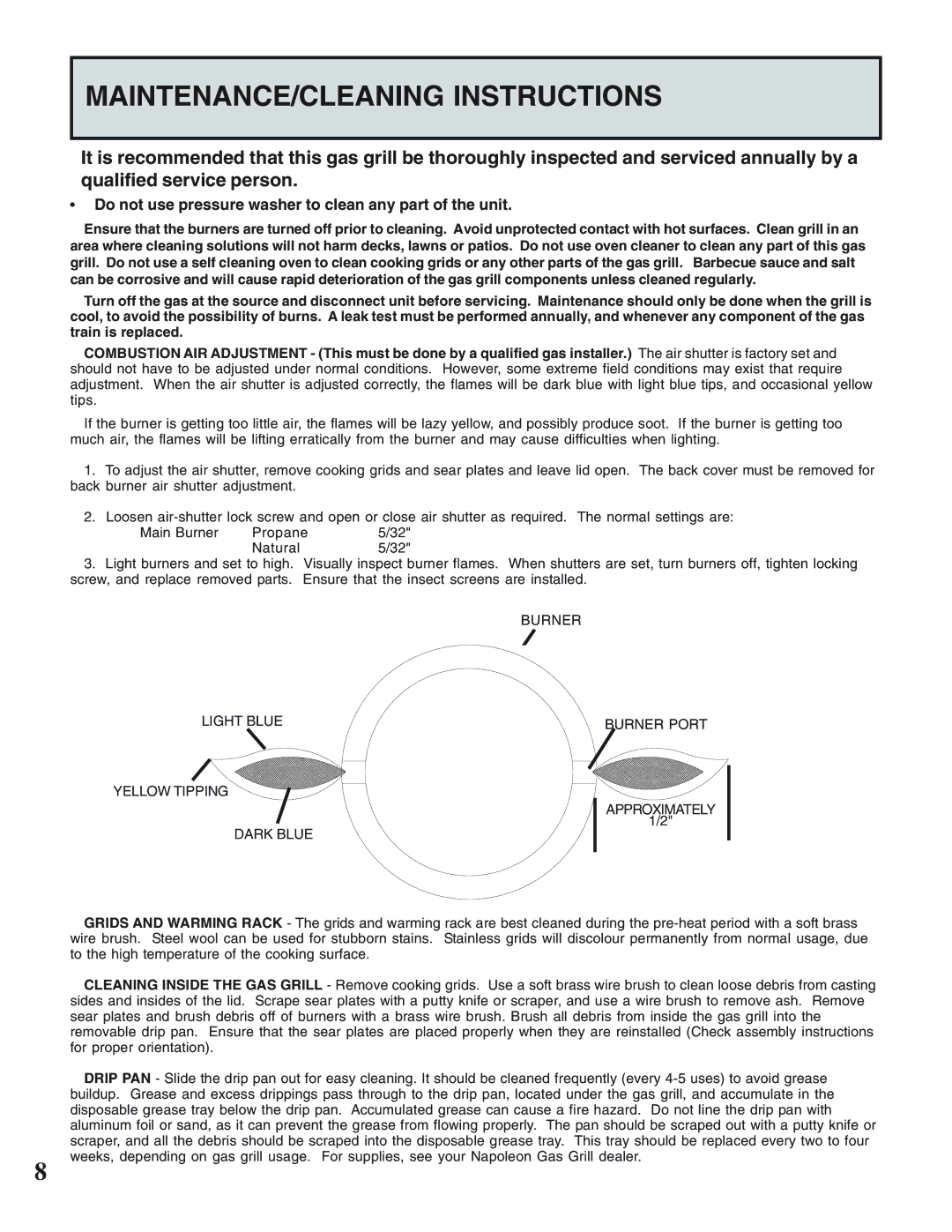 Napoleon Grills N415-0158 MAINTENANCE/CLEANING Instructions, Do not use pressure washer to clean any part of the unit 