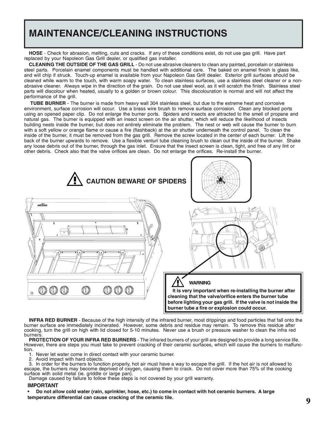 Napoleon Grills N415-0158 operating instructions MAINTENANCE/CLEANING Instructions 